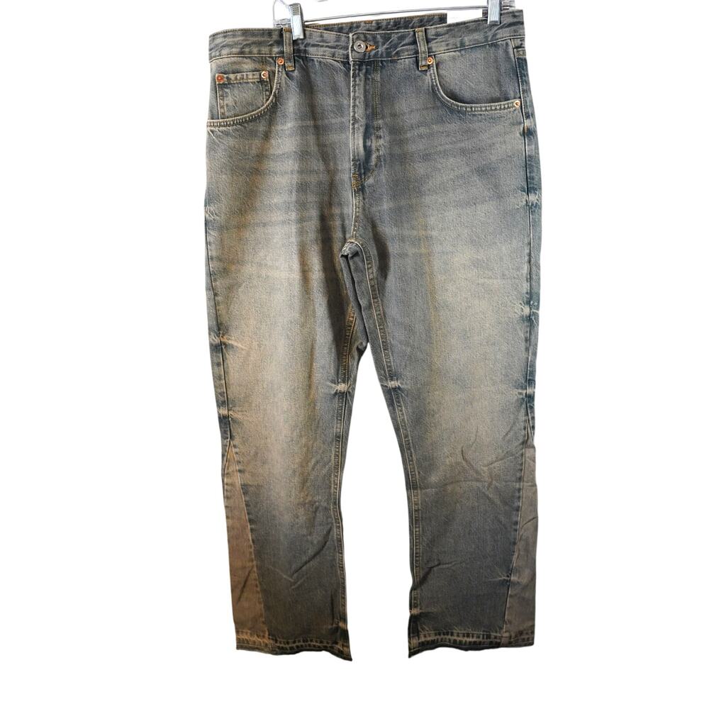 Zara Mens Flare Fit Jeans 34 Frayed Hem Contrast Seam NWT Unisex 70s